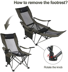 Best folding camp chair with detachable footrest heavy duty outdoor lounge adjustable back portable chair for camping that includes a drink holder.