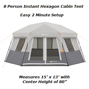 Ozark Trail 8 Person Instant Double Villa Cabin Tent with two rooms and covered front and back porch areas with 76 inch ceiling height for tall people.