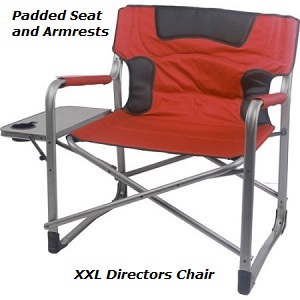 Ozark Trail XXL Heavy Duty Folding Camping Directors Chair with Side Table Attached and Cup Holder.  Extra Wide Padded Seat on this heavy duty directors chair for adult.  Weight Capacity 500 lbs.