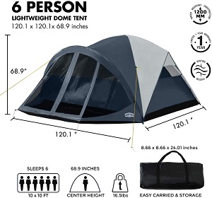 Pacific Pass Camping Dome Tent with Screened Porch, 6 Person, Easy Setup, Removeable Rain Fly camping, hiking, outdoor fun.