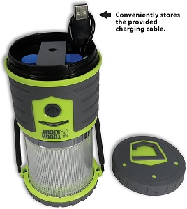 Camping Lights from a rechargeable lantern for power outages, fishing and camping. Battery powered emergency and camping lantern with a port for charging your cell phone as well. This rechargeale camping lantern light will hold a charge for 9 months when not in use.