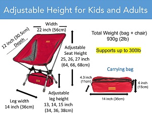 Trekology YIZI GO Portable Lightweight Camping Chair with Adjustable Leg Height, Supports up to 300 lbs., Carrying Bag.
