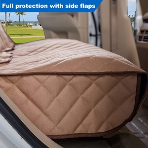 These tan, gray and black car seat covers for dogs have full protection side flaps and seat belt holes for safety when humans ride.