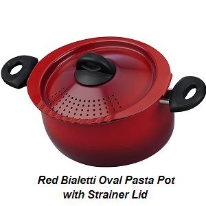 Pasta Pot with locking strainer lid by Bialetti in Red. Strainer holes in lid make draining your pasta safe and easy. Oval shape of the Bailetti pasta pot allow you to cook and enjoy all sizes and shapes of your favorite pasta.