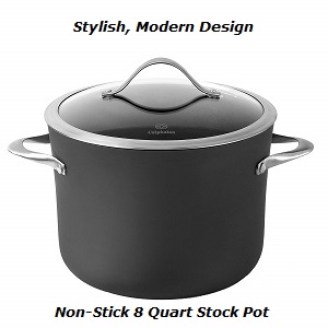 Calphalon Contemporary Nonstick 8 quart sleek styled covered stock pot with glass lid.