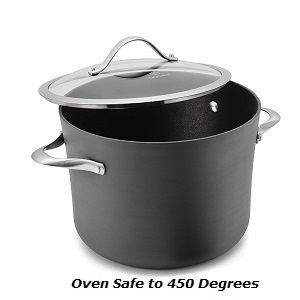 Heavy gauge non stick stock pot with sturdy cast stainless steel loop handles.
