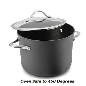 Heavy gauge non stick stock pot with sturdy cast stainless steel loop handles. Eight quart capacity stock pot for simmering soups, cooking pasta or preparing chicken or beef stocks.