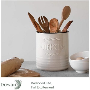 Ceramic White Utensil Holder for Kitchen Countertop. Large white utensil crock with cork mat bottom to prevent scratches on your countertop or table.