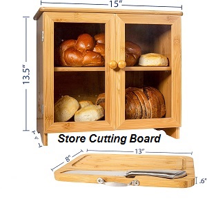 Bread Keeper in a bamboo 2 door, 2 shelf double bread box for multiple loaves. This double wooden bread box container will allow you to keep plenty of bread fresh for your daily use.