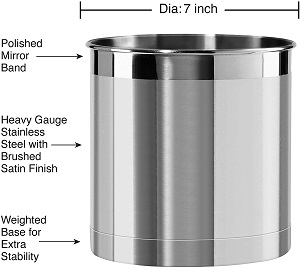 Two-tone stainless steel utensil holder for countertop organization of your utensils. Brushed stainless steel and finished with a mirror band this cooking stainless steel utensil holder looks great on your kitchen countertop and gives you quick and easy access to the utensil you need while cooking.