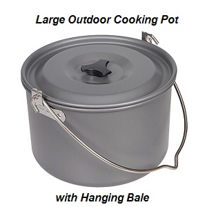 Large Portable Outdoor Water Boiling Pot for use while cooking  when camping outdoors. This large stockport for outdoor cooking has a hanging bale for cooking over an open fire.