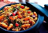 Delicious Shrimp, Rice, Peppers in Cook Pot.