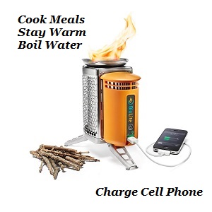 Emergency Cooking Equipment, plus stay warm. Handy BioLite Wood Burning Camp cook stove for Emergency Off the Grid Use or Camping Hiking Adventures with USB Charger for Smartphone, etc. Use this stove to stay warm and as emergency cooking equipment while camping or at home when the power is off.
