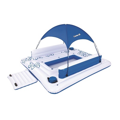CoolerZ Tropical Breeze II Inflatable Floating Island for the Outdoor Girl. Has a cooler bag and 6 cup-holders and a mesh center to keep the outdoor girl and her friends cool.
