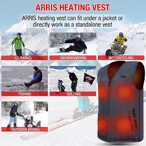 Adjustable Heated Vest for Men to stay warm during winter cold weather while hunting, snowmobiling, hiking, climbing, snowboarding, fishing, golf, outdoor work.