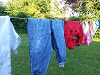 Colorful clothes on a clothes line.